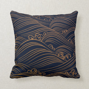 Japanse golven Pattern Dark Blue en Gold  Kussen