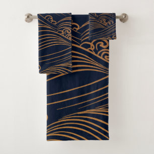 Japanse golven Pattern Navy Blue en Gold Brown Bad Handdoek
