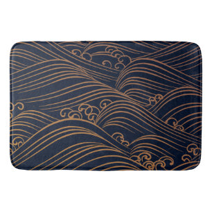Japanse golven Pattern Navy Blue en Gold Brown Badmat