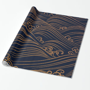 Japanse golven Pattern Navy Blue en Gold Brown Cadeaupapier