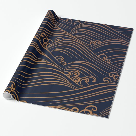 Japanse golven Pattern Navy Blue en Gold Brown Cadeaupapier (Uitgerold)