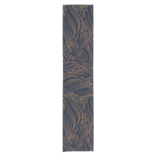 Japanse golven Pattern Navy Blue en Gold Brown Korte Tafelloper
