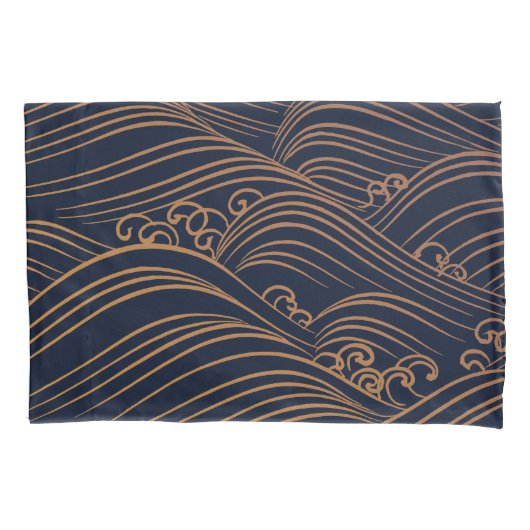 Japanse golven Pattern Navy Blue en Gold Brown Kussensloop (Voorkant-Links)