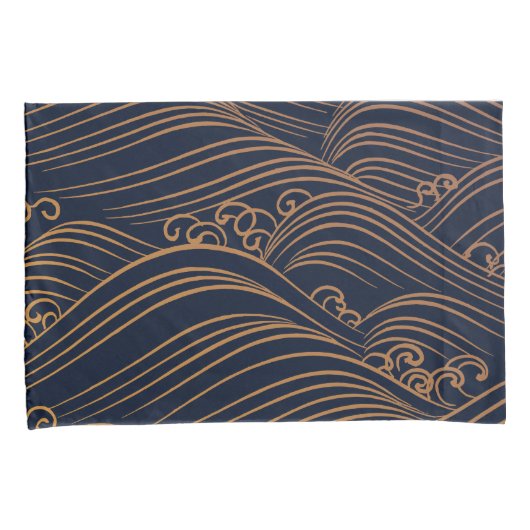 Japanse golven Pattern Navy Blue en Gold Brown Kussensloop (Voorkant-Rechts)