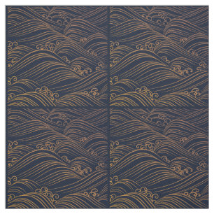 Japanse golven Pattern Navy Blue en Gold Brown Stof