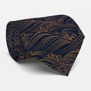 Japanse golven Pattern Navy Blue en Gold Brown Stropdas