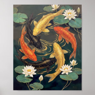 Japanse Goud Koi Vis & Lotusvijver Schilderij Poster