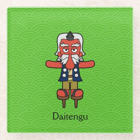 Japanse Grote Tengu Strijder: Cartoon Yokai Glazen Onderzetter (Voorkant)