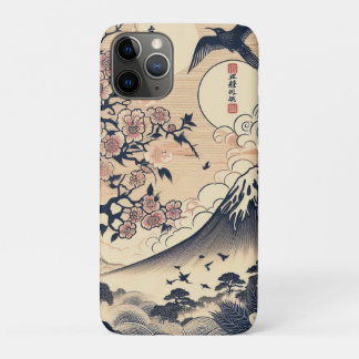 Japanse Houtblok Kersenbloesem Kraanvogel Mount Fu iPhone 11 Pro Hoesje