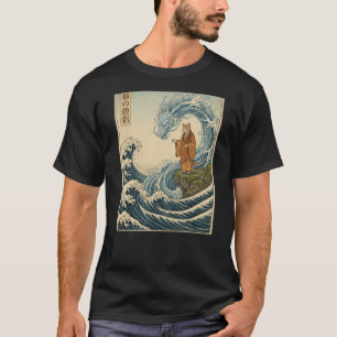 Japanse Houtblok Kunst Kat Monnik Temt Water Draak T-shirt