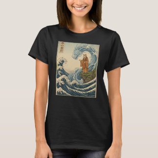 Japanse Houtblok Kunst Kat Monnik Temt Water Draak T-shirt