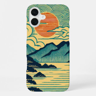 Japanse Houtblok Teal Bergen Oranje Zonsondergang  iPhone 16 Plus Hoesje