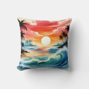 Japanse Ink Style Art Ocean Waves Sunset Palms Kussen