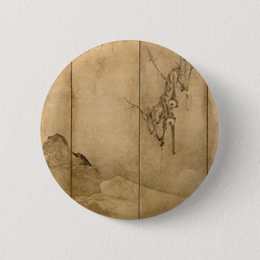 Japanse inkt op papier Gibbons Primates & Landscap Ronde Button 5,7 Cm (Voorkant)