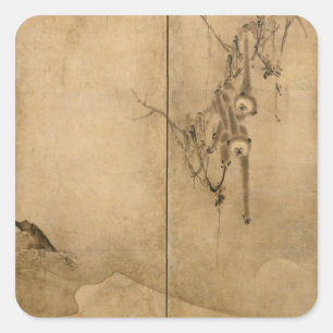 Japanse inkt op papier Gibbons Primates & Landscap Vierkante Sticker