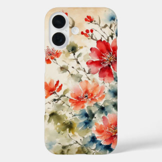Japanse inktbloemen op perkamenten kaft iPhone 16 hoesje