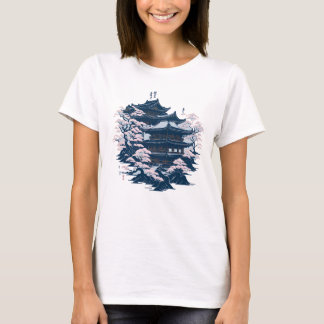 Japanse inktkunsttempel omringd door bomen t-shirt
