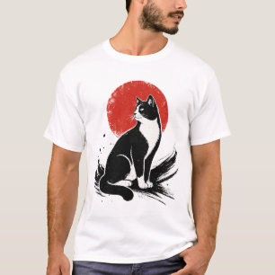 Japanse Inktwast Smokingcat Rode Zon Illustratie T-shirt