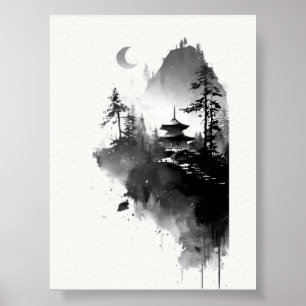 Japanse Inktwastafel Zen Pagode Landschapsposter Poster