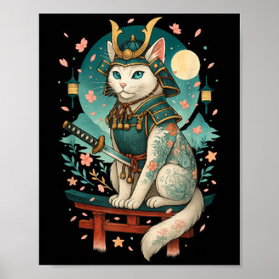 Japanse Kat Kersenbloesem Samoerai Maneschijn Poster