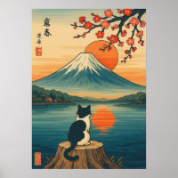 Japanse kat kijkt naar Mount Fuji zonsondergang