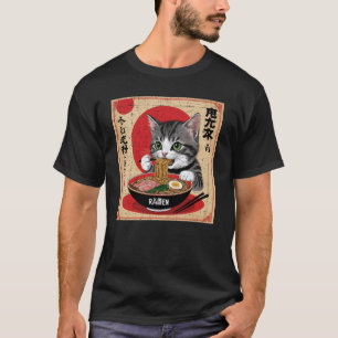 Japanse kat met groene ogen die ramen-ontwerp eet t-shirt