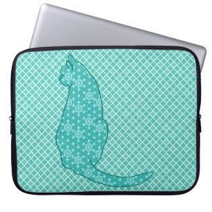 Japanse kat - Turquoise Kimono Print Laptop Sleeve