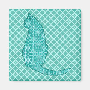 Japanse kat - Turquoise Kimono Print Magneet