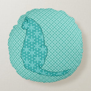 Japanse kat - Turquoise Kimono Print Rond Kussen