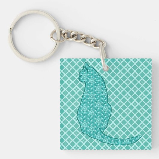 Japanse kat - Turquoise Kimono Print Sleutelhanger (Voorkant)