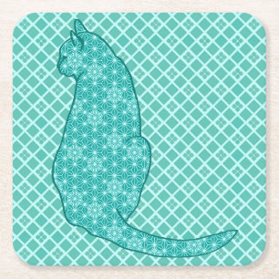 Japanse kat - Turquoise Kimono Print Vierkante Kartonnen Onderzetter