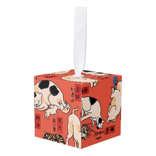Japanse katten Ukiyo-e Funny kat Kubus Ornament (Voorkant hoekig)