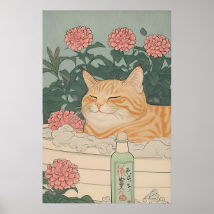 Japanse kattenprint oranje tabby in badkamer poster
