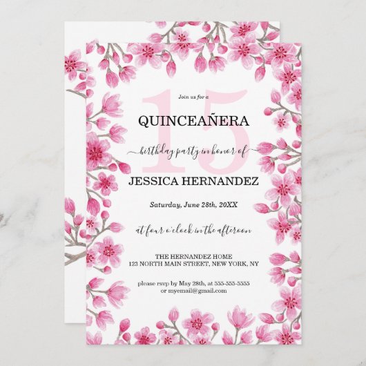 Japanse kersenbloesem Bloemengrens Quinceañera Kaart (Voorkant / Achterkant)
