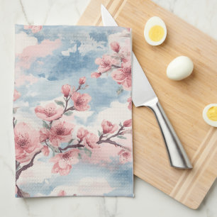 Japanse Kersenbloesem Blush Roze Blauw Theedoek