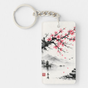 Japanse Kersenbloesem Inktwastechniek Schilderij - Sleutelhanger