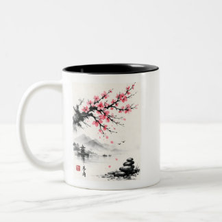 Japanse Kersenbloesem Inktwastechniek Schilderij - Tweekleurige Koffiemok