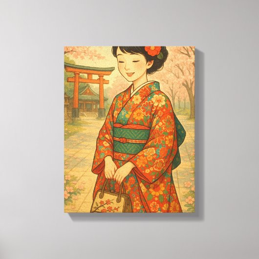 Japanse kimono en kersenbloesem canvas afdruk (Voorkant)