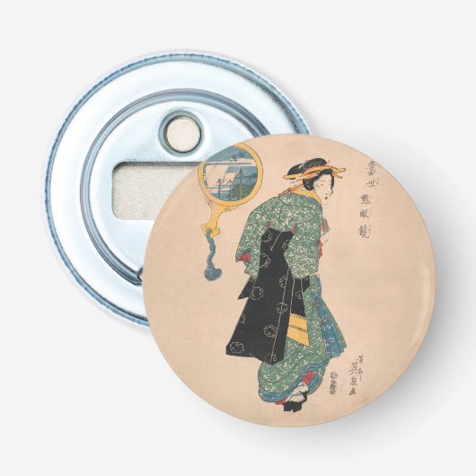 Japanse Kimono Vrouw: Ukiyo-e Woodblock Print Button Flesopener (Voorkant)