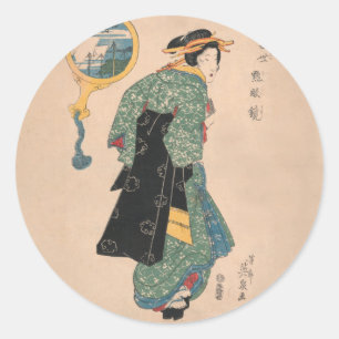 Japanse Kimono Vrouw: Ukiyo-e Woodblock Print Ronde Sticker