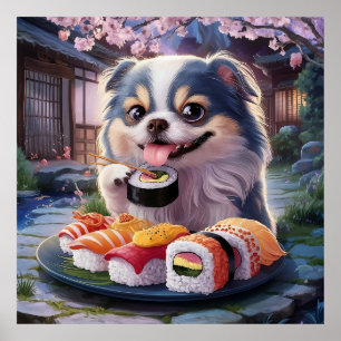 Japanse kin hond puppy eten sushi poster