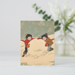 Japanse kinderen die een grote sneeuwbal rollen briefkaart