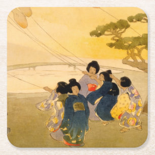 Japanse kinderen die vliegende vliegers - Bertha L Vierkante Kartonnen Onderzetter