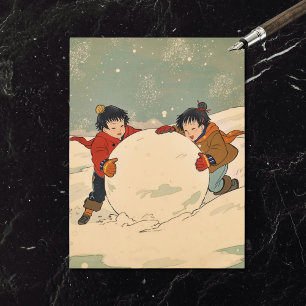 Japanse kinderen rollen een grote sneeuwbal feestdagenkaart