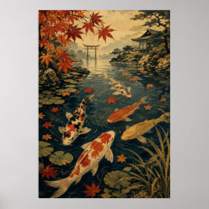Japanse Koi Vis Golf Poster Vintage Rode Zon Wa