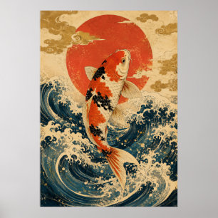 Japanse Koi Vis Golf Poster Vintage Rode Zon Wa