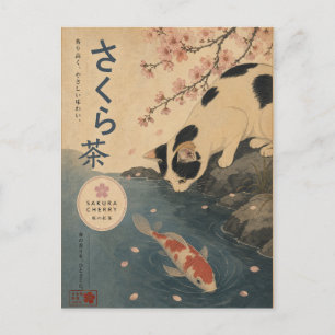 Japanse Koi Vis Vintage Kat Sakura Kunst Retro Briefkaart