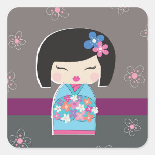 Japanse Kokeshi Doll Square Stickers
