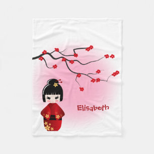 Japanse kokeshi-pop bij sakura blossom fleece deken