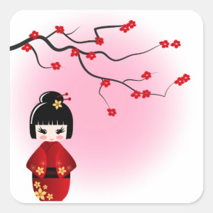 Japanse kokeshi-pop bij sakura blossom vierkante sticker